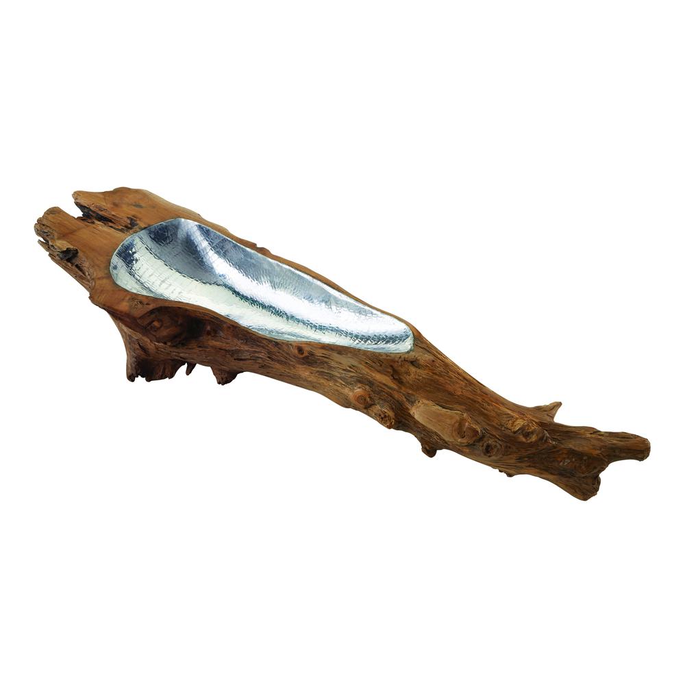 Teak Root Bowl With Aluminum Insert - Long. The main picture.