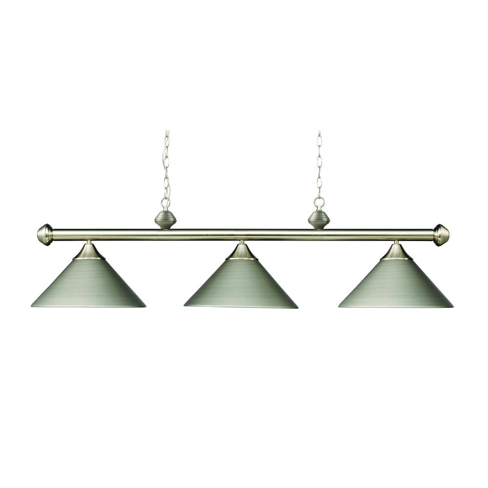 Casual Traditions 3 Light Billiard In Satin Nickel With Matching Metal Shades. Picture 1