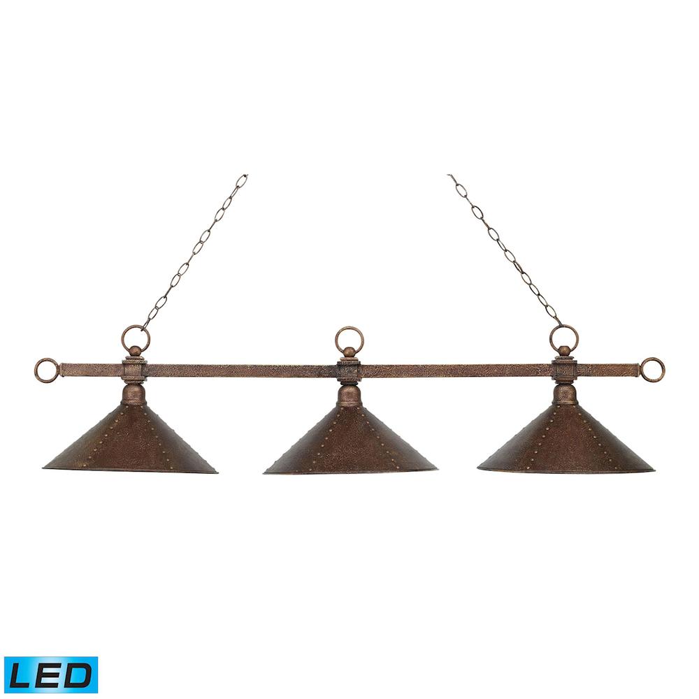 Designer Classic 3 Light LED Billiard In Antique Copper With Hand Hammered Iron Shades. Picture 1