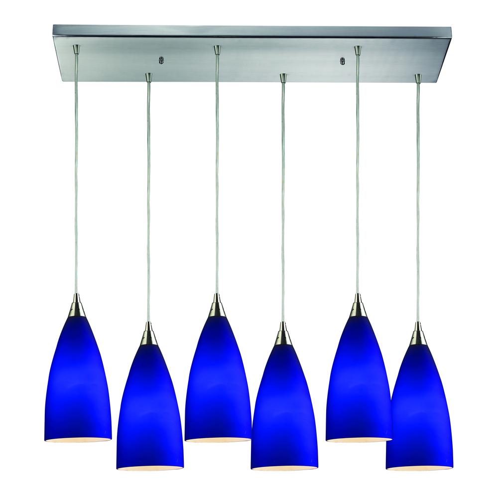 Vesta 6 Light Pendant In Satin Nickel And Royal Blue Glass, 2581 6RC. Picture 1