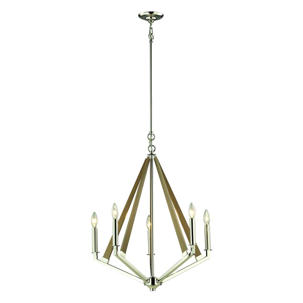 Madera 5 Light Chandelier In Polished Nickel And Natural Wood. The main picture.