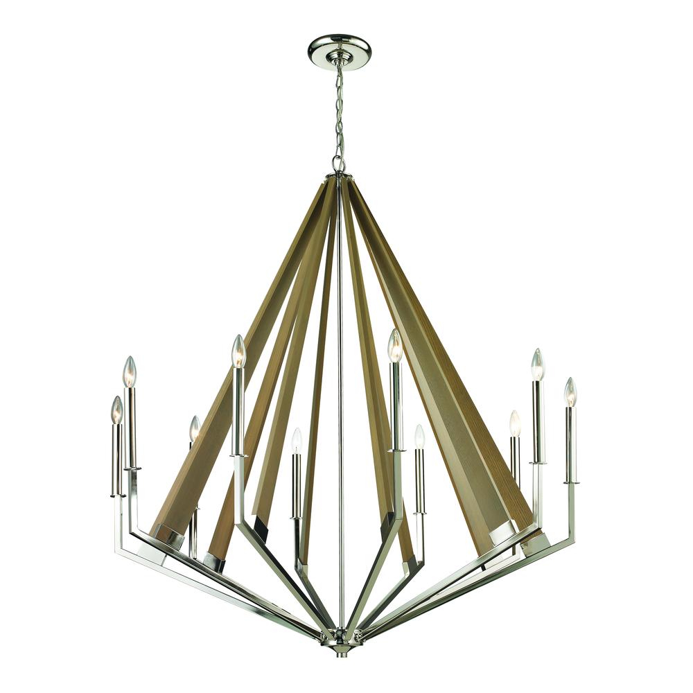 Madera 10 Light Chandelier In Polished Nickel And Natural Wood. Picture 1