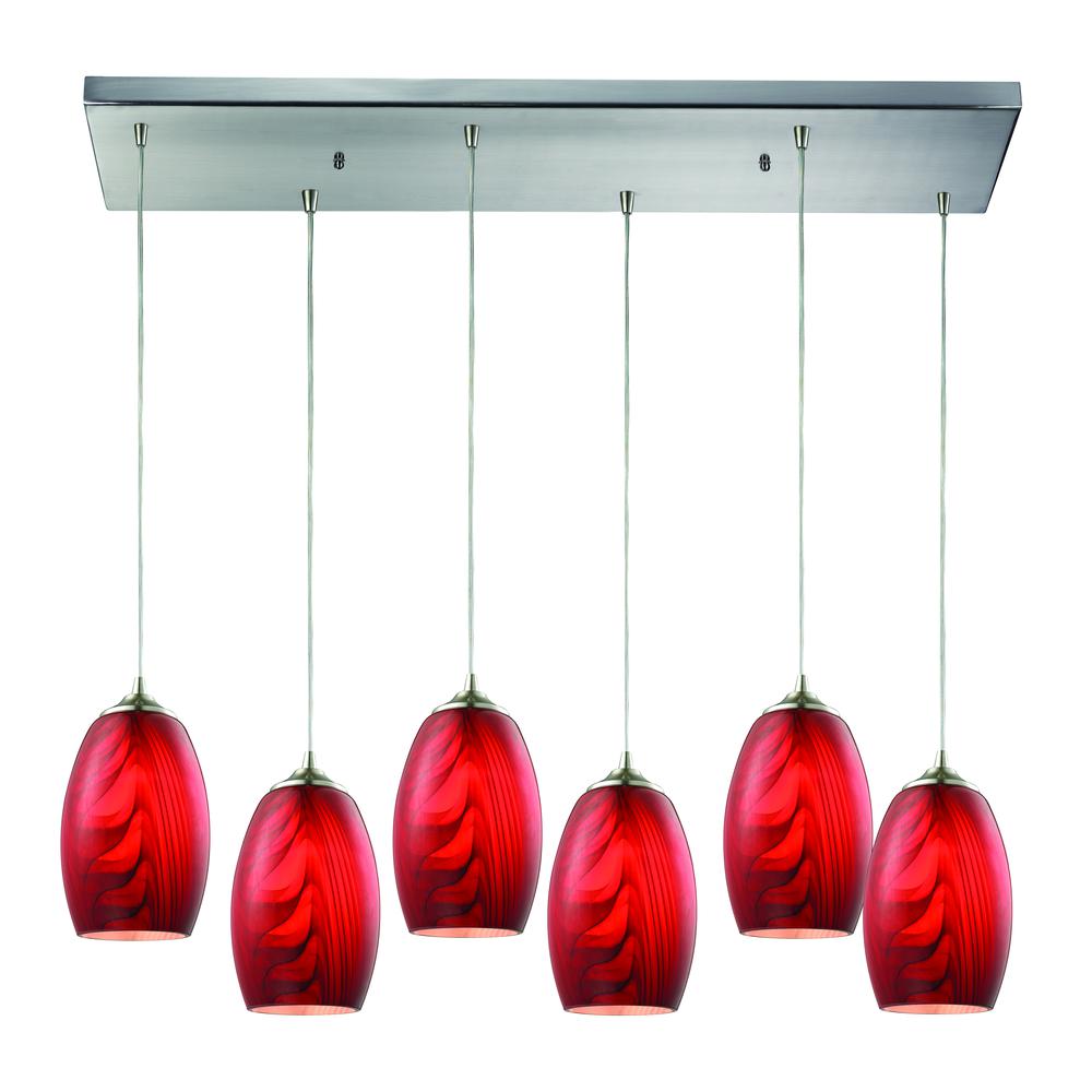 Tidewaters 6 Light Pendant In Satin Nickel And Ruby Glass, 31610 6RC. The main picture.