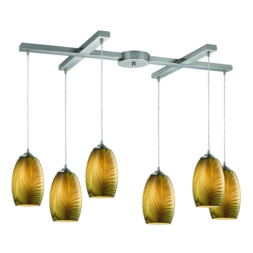 Tidewaters 6 Light Pendant In Satin Nickel And Amber Glass, 31630 6. Picture 1
