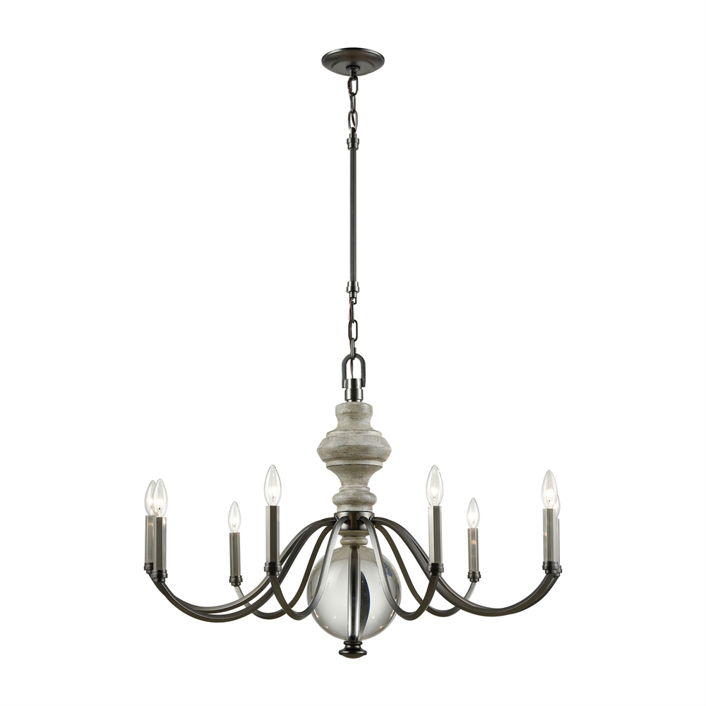 Neo Classica 9 Light Chandelier In Aged Black Nickel With Weathered Birch Finished Wood And Clear Crystal Ball. Picture 1