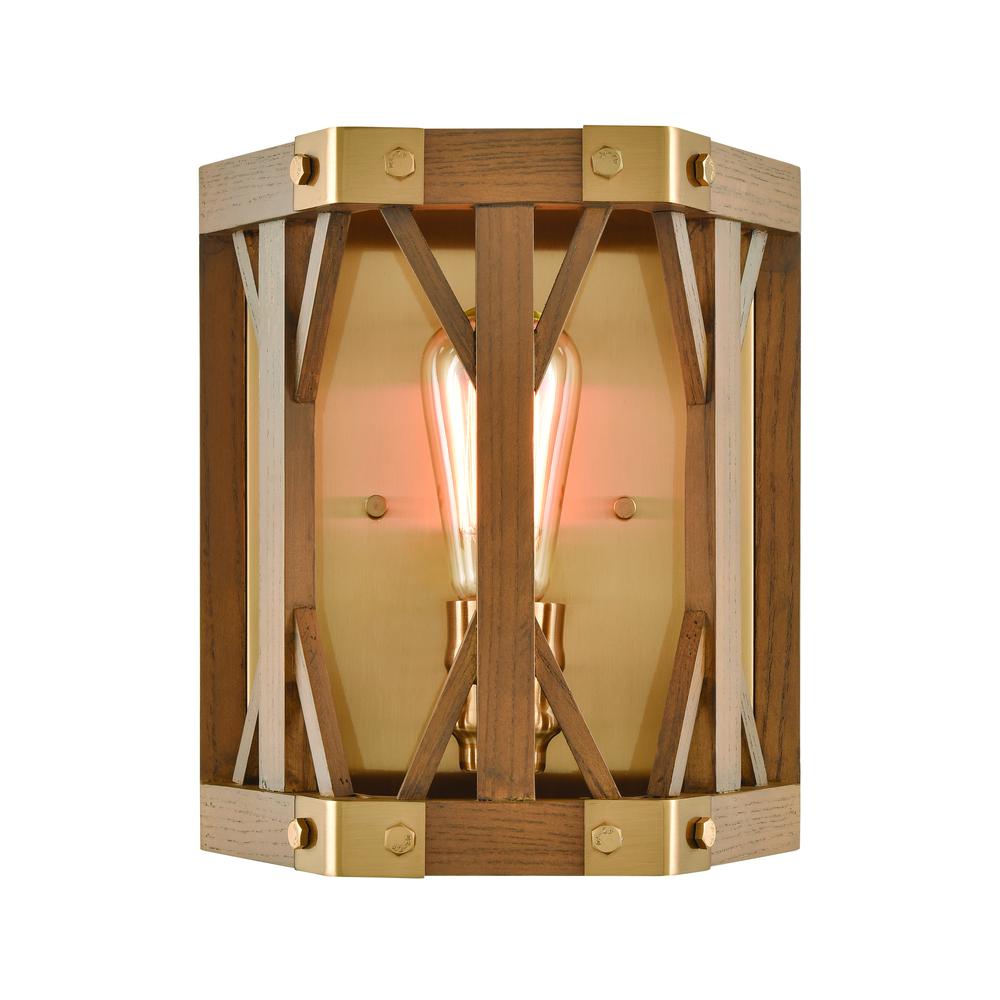 Structure 1-Light Sconce in Satin Brass and Medium Oak. Picture 1