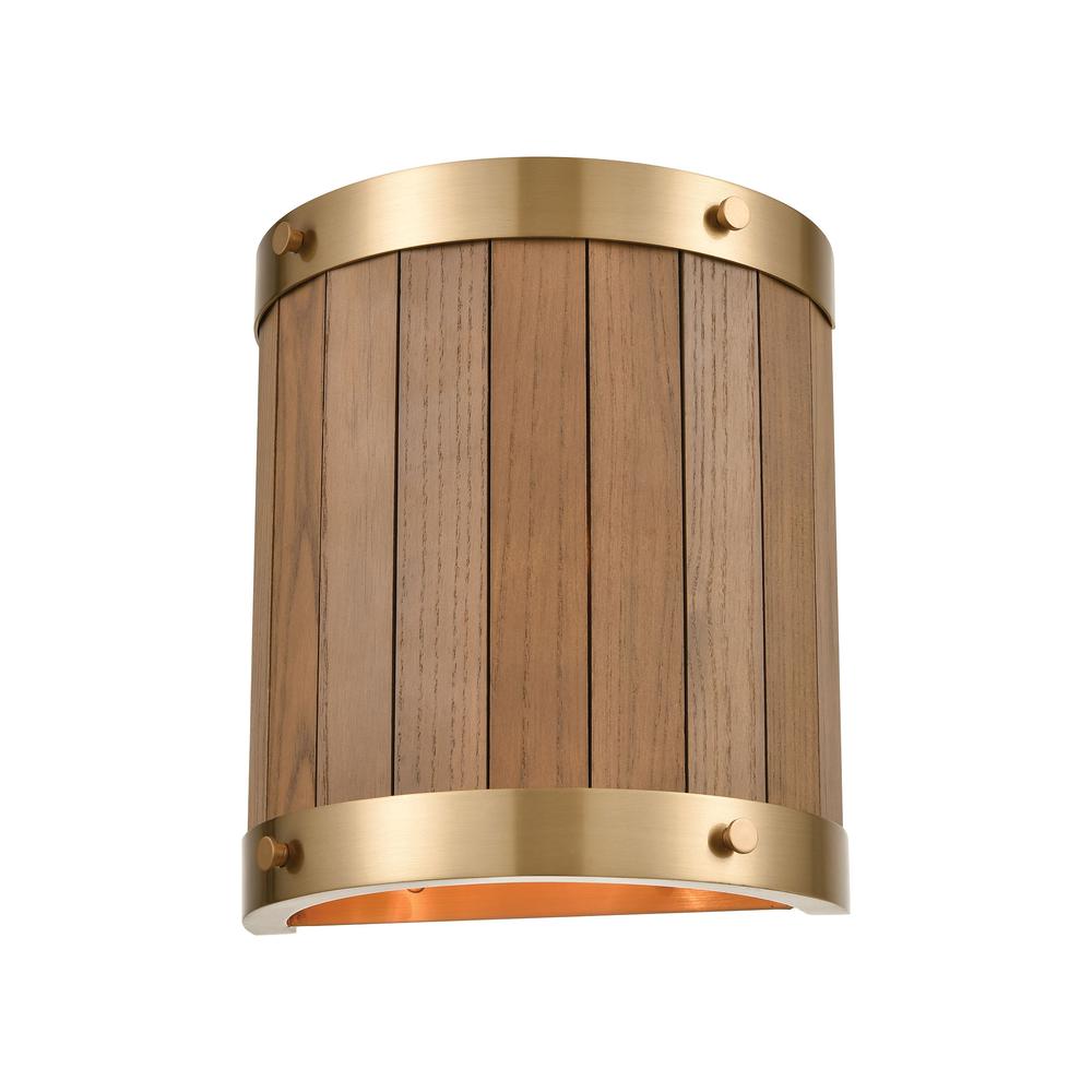 Wooden Barrel 2-Light Sconce in Satin Brass with Slatted Wood Shade in Medium Oak. The main picture.