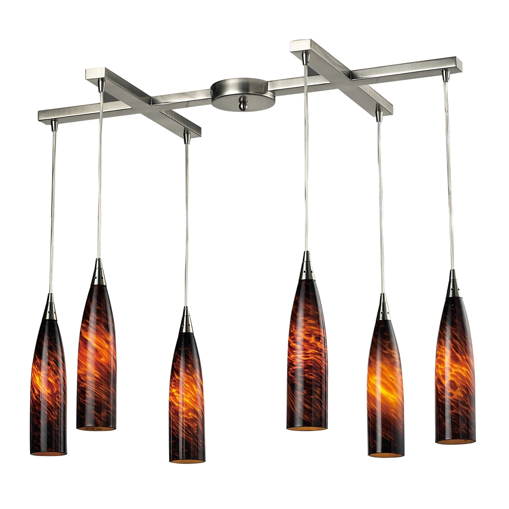 Lungo 6 Light Pendant In Satin Nickel And Espresso Glass, 501-6ES. The main picture.
