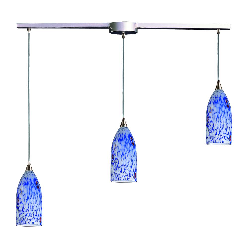 Verona 3 Light Pendant In Satin Nickel And Starburst Blue Glass, 502-3L-BL. Picture 1