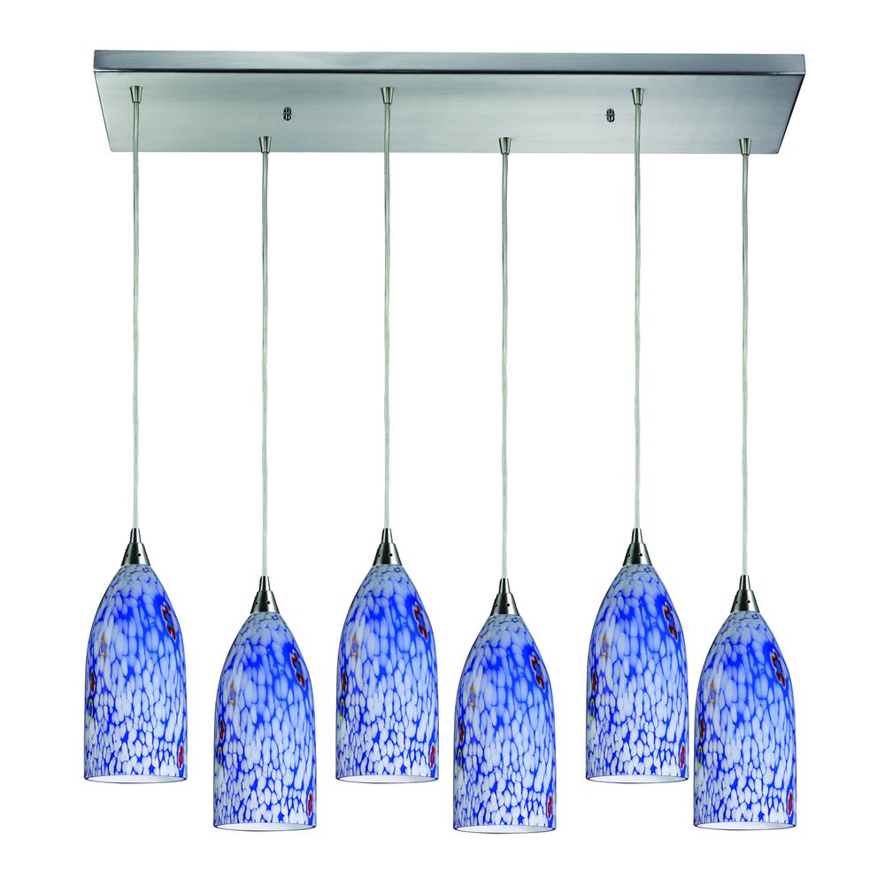 Verona 6 Light Pendant In Satin Nickel And Starburst Blue Glass, 502-6RC-BL. The main picture.