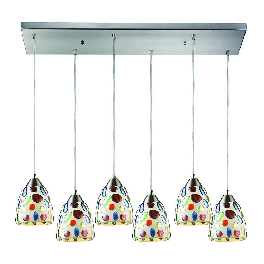 Gemstones 6 Light Pendant In Satin Nickel And Sculpted Multicolor Glass, 542-6RC. The main picture.