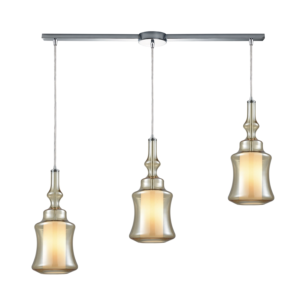 Alora 3 Light Linear Bar Pendant In Polished Chrome With Opal White Glass Inside Champagne Plated Glass. Picture 1
