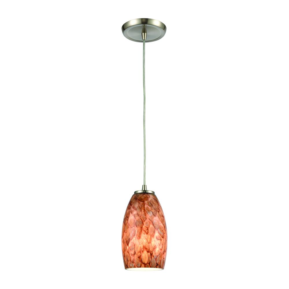 Nature's Collage 1-Light Mini Pendant in Satin Nickel with Feathered Brown and Red-Toned Glass. Picture 1