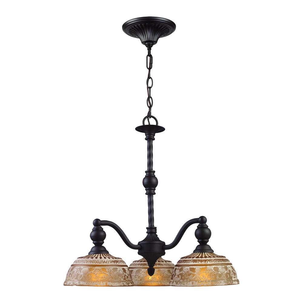 Norwich 3 Light Chandelier In Oiled Bronze And Amber Glass. Picture 1