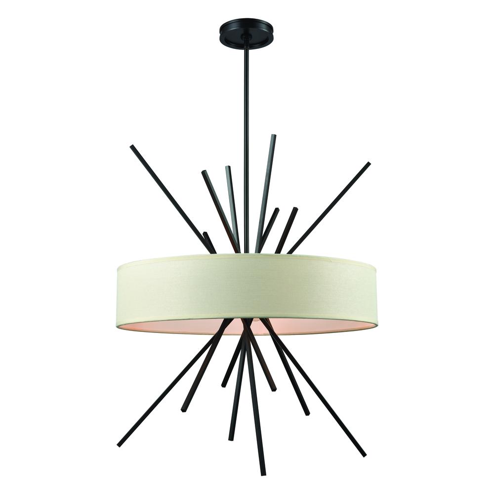 Xenia 5 Light Chandelier In Oil Rubbed Bronze With Beige Fabric Shade. The main picture.