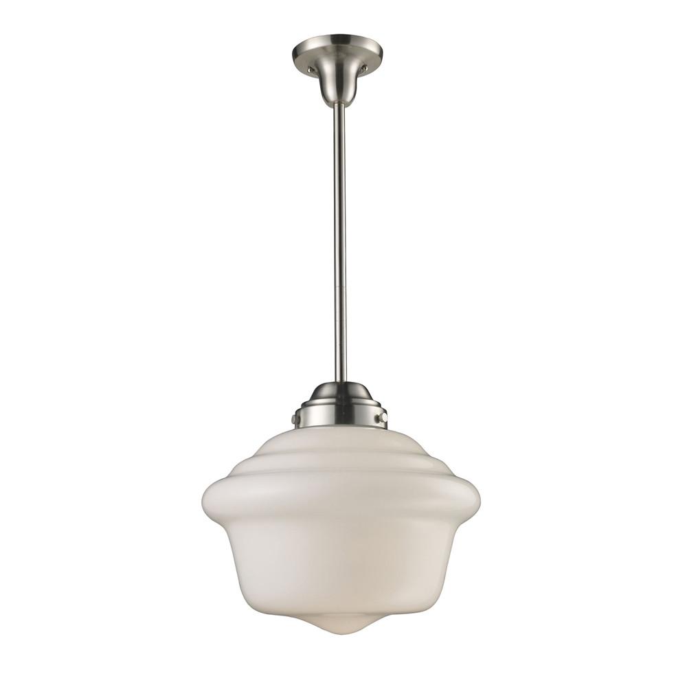 Schoolhouse Pendants 1 Light LED Pendant In Satin Nickel And White Glass. Picture 1