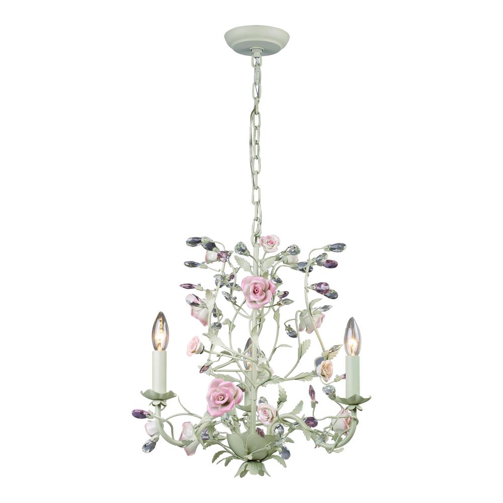 Heritage 3 Light Chandelier In Cream With Pink Porcelain Accents. The main picture.