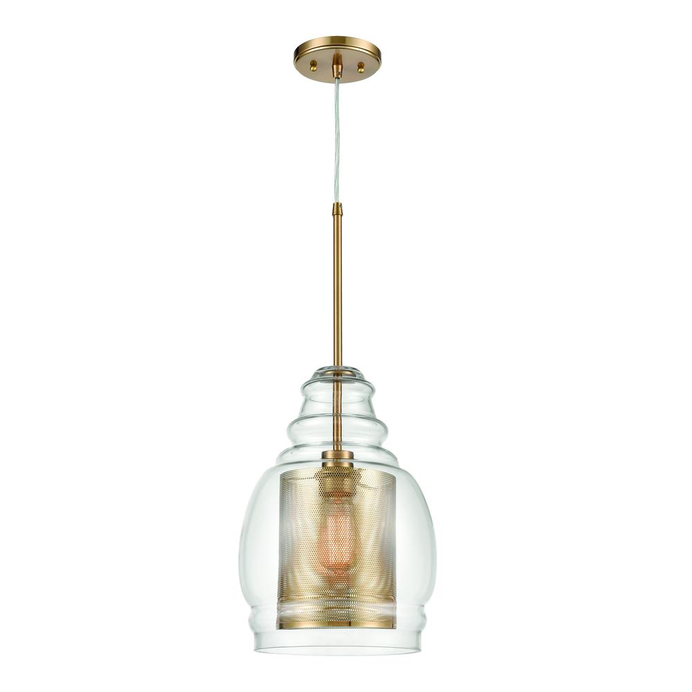 Herndon 1-Light Pendant in Antique Gold with Clear Glass and Antique Gold Perforated Metal Cylinder. The main picture.