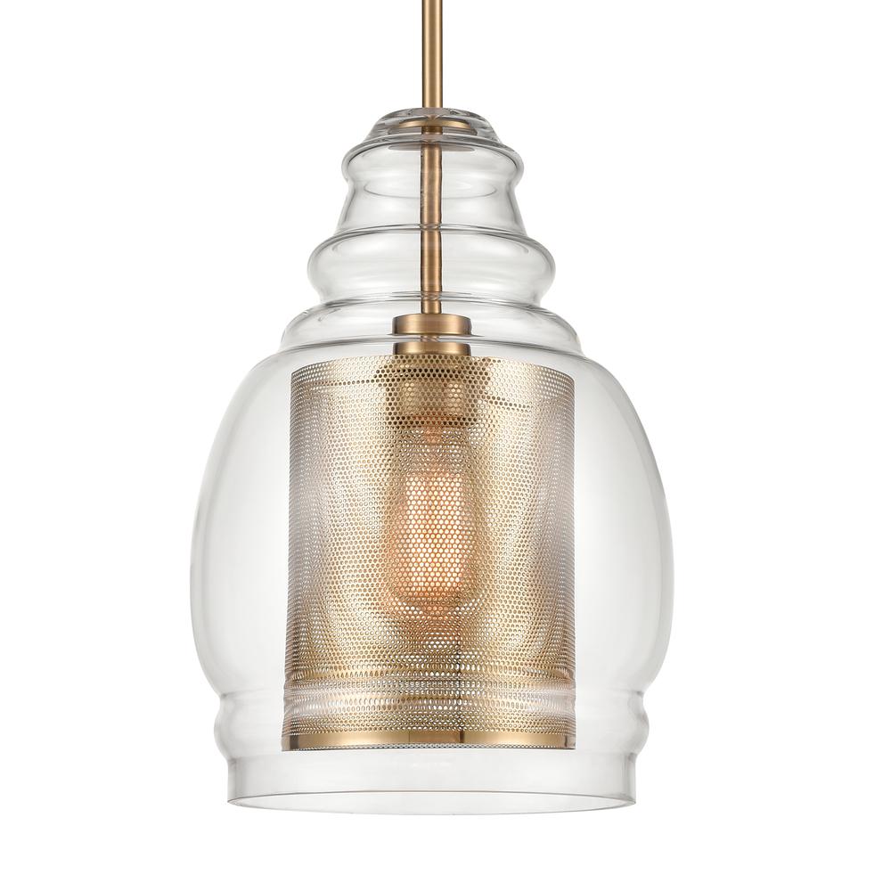 Herndon 1-Light Pendant in Antique Gold with Clear Glass and Antique Gold Perforated Metal Cylinder. Picture 4