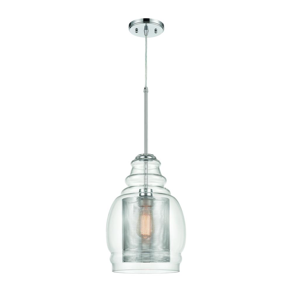 Herndon 1-Light Pendant in Polished Chrome with Clear Glass and Perforated Metal Cylinder. Picture 1