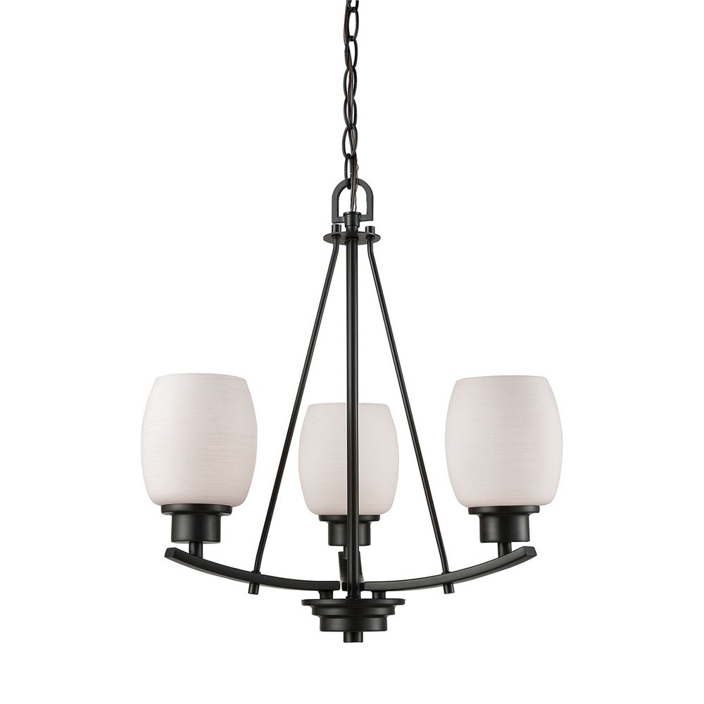 Casual Mission 3 Light Chandelier In Oil Rubbed Bronze With White Lined Glass. The main picture.