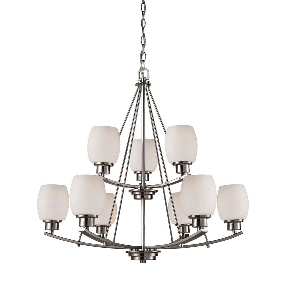 Casual Mission 9 Light Chandelier In Brushed Nickel With White Lined Glass. The main picture.