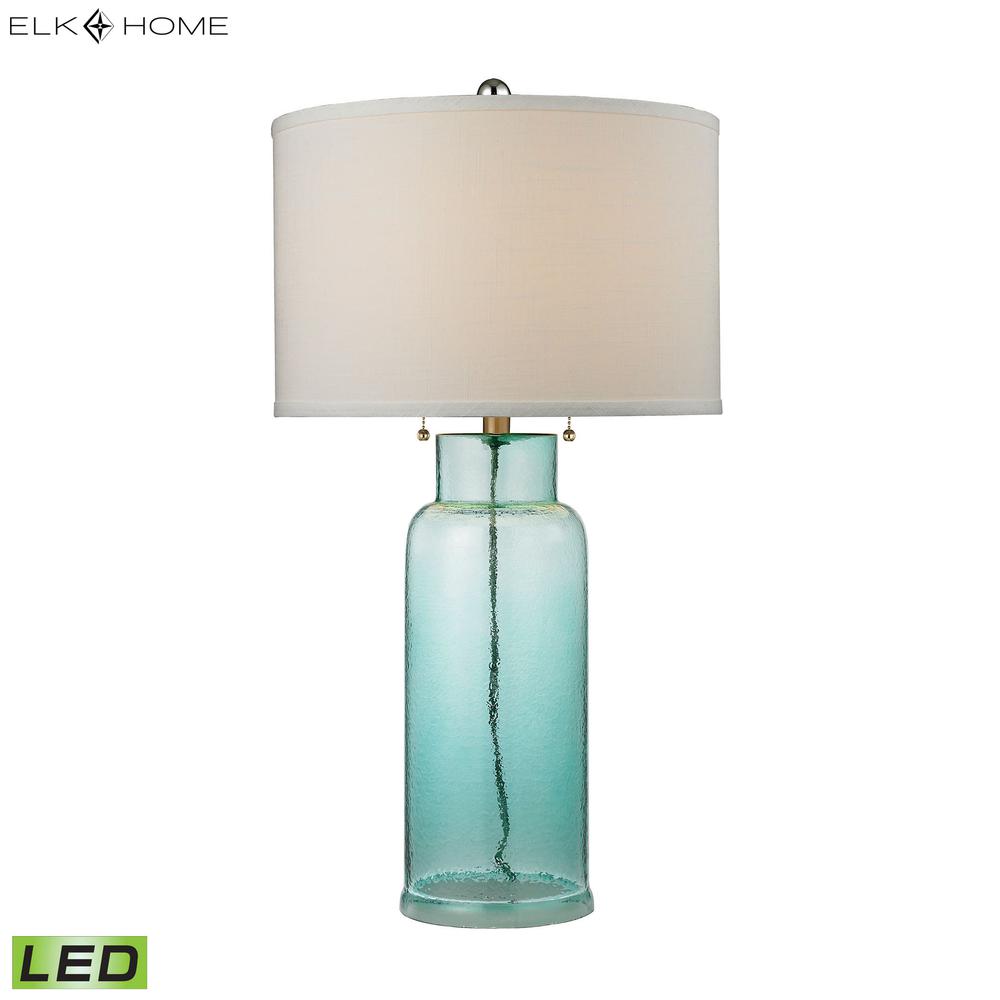 Glass Bottle LED Table Lamp in Seafoam Green. Picture 2