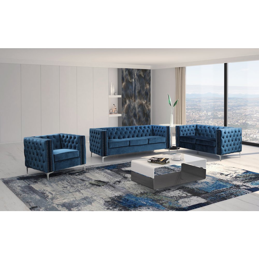 Best Master Furniture Aineias 60" Tufted Transitional Velvet Loveseat in Navy. Picture 2