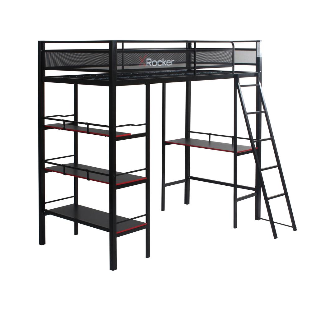 Fortress Gaming Bunk with Desk and Shelving Built-in, Black, Twin. Picture 1