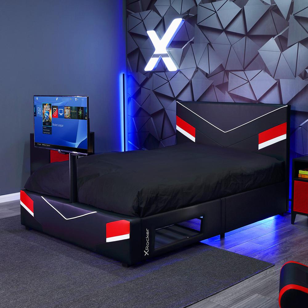 Orion eSports Gaming Bed Frame with TV Mount, Black/Red, Full. Picture 6