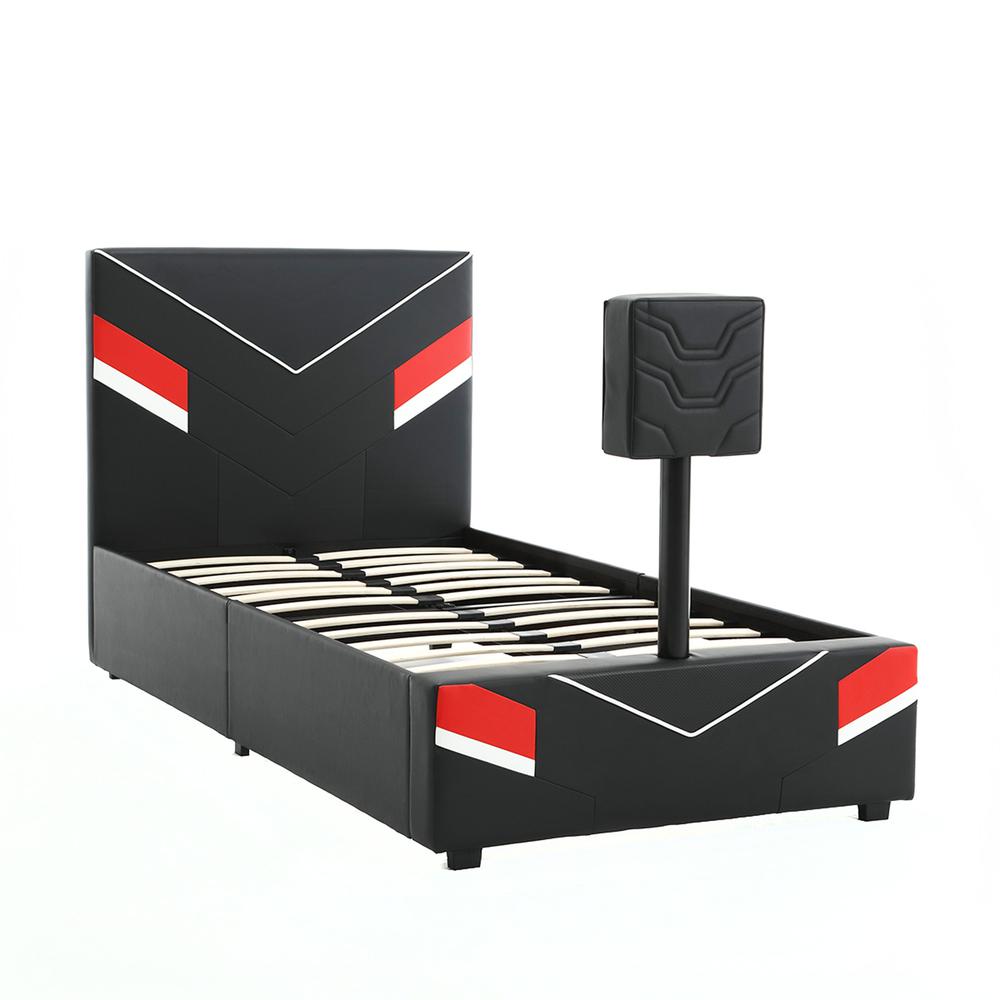 Orion eSports Gaming Bed Frame with TV Mount, Black/Red, Twin. Picture 1