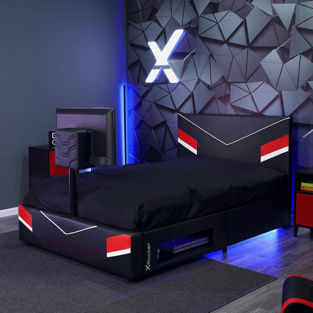 Orion eSports Gaming Bed Frame with TV Mount, Black/Red, Full. Picture 2