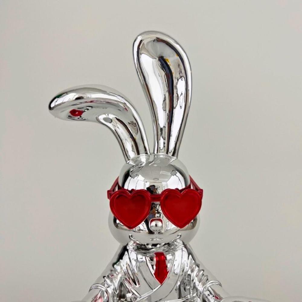Sitting Rabbit with Tie and Glasses Sculpture Chrome and Red Resin Handmade. Picture 4