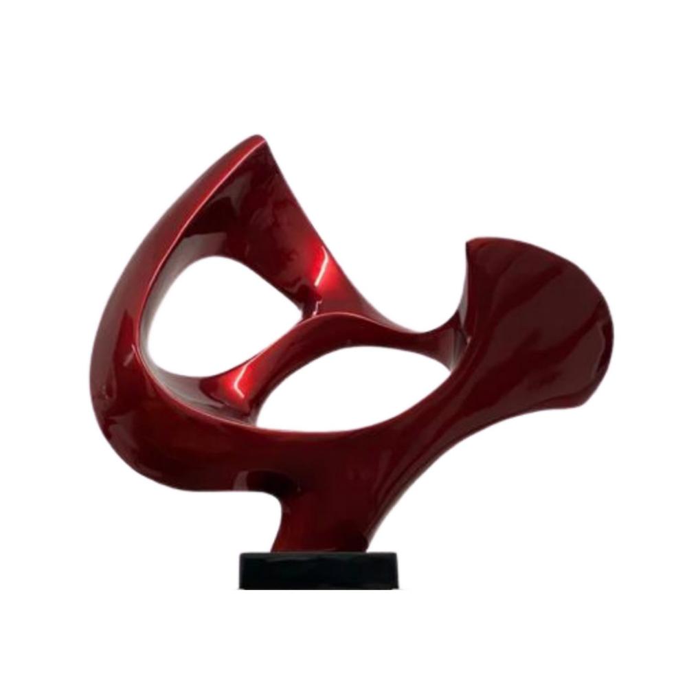 Abstract Mask Floor Sculpture Metallic Red with Wood Stand Resin Handmade. Picture 2