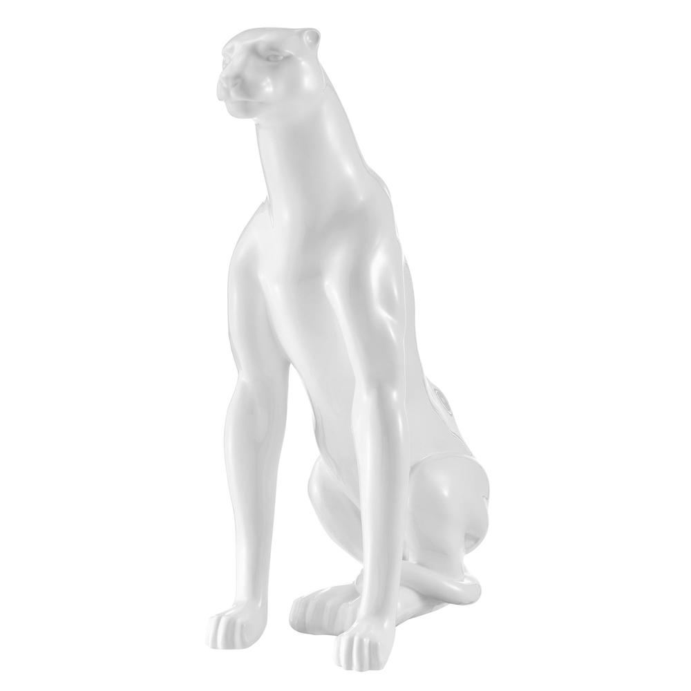 Boli Sitting Panther Sculpture Glossy White Resin Handmade. Picture 1