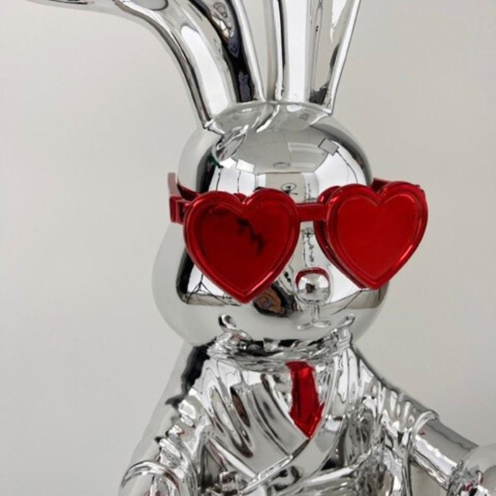 Sitting Rabbit with Tie and Glasses Sculpture Chrome and Red Resin Handmade. Picture 5