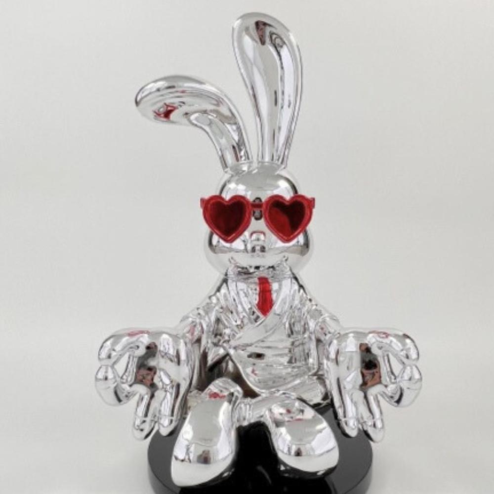 Sitting Rabbit with Tie and Glasses Sculpture Chrome and Red Resin Handmade. Picture 3