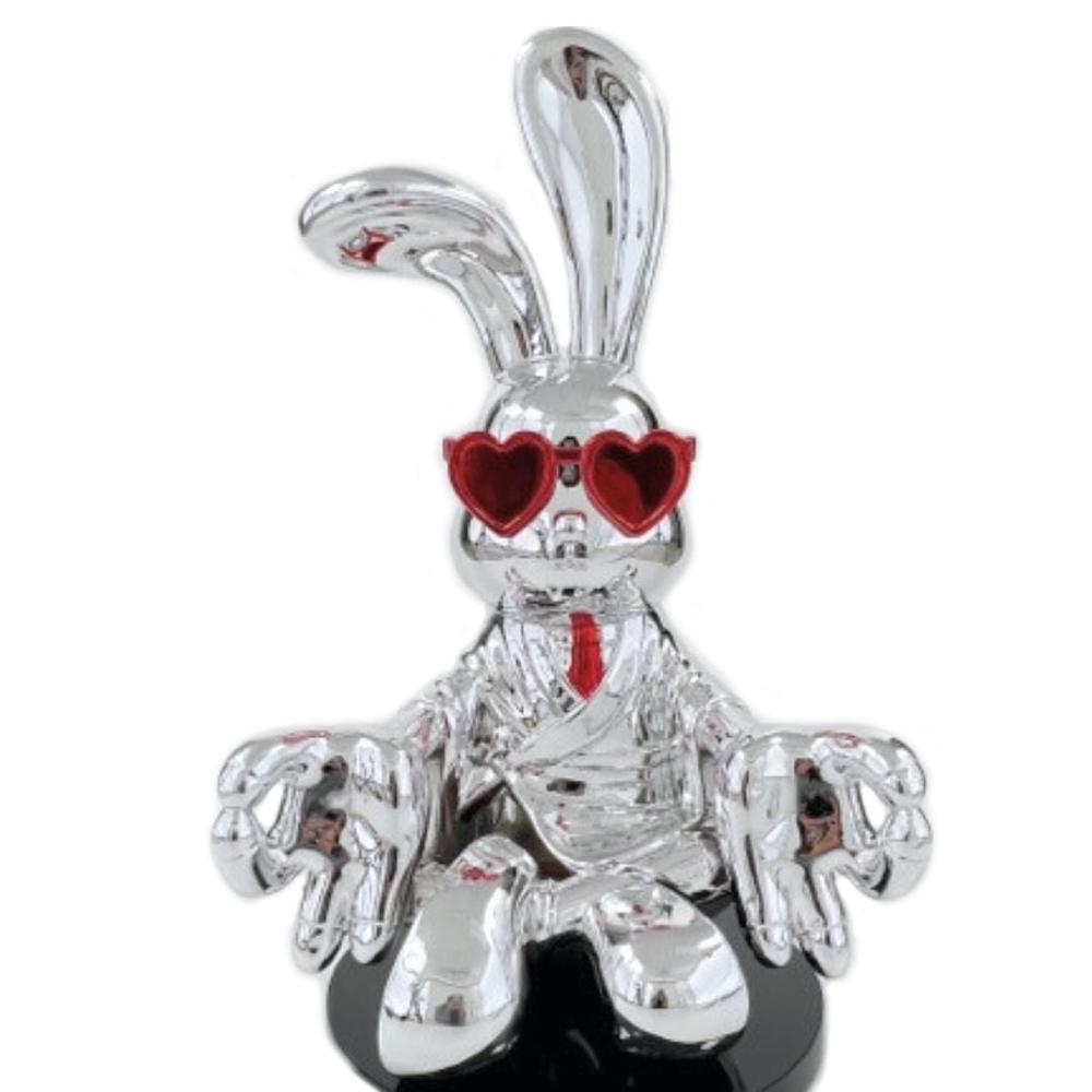 Sitting Rabbit with Tie and Glasses Sculpture Chrome and Red Resin Handmade. Picture 1