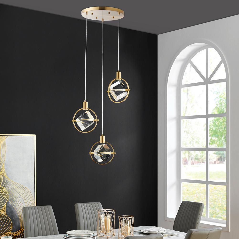 Hollywood Pendant Gold Metal and Acrylic 3 LED Lights Dimmable. Picture 4