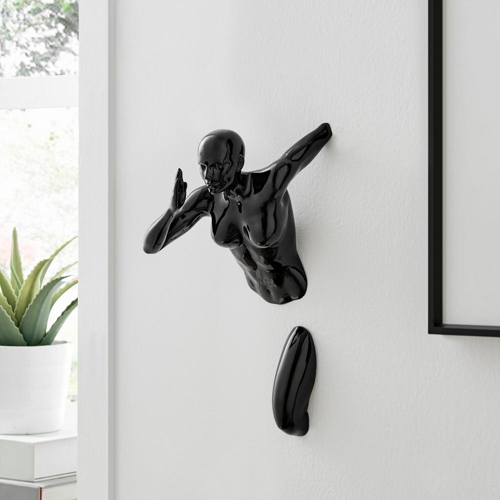 Woman Runner Wall Sculpture Glossy Black Resin Handmade. Picture 4