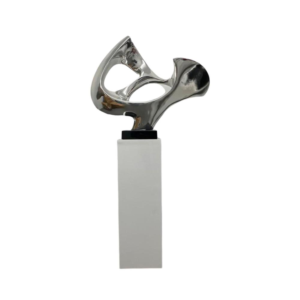 Abstract Mask Floor Sculpture Chrome with White Stand Resin Handmade 54" Tall. Picture 1