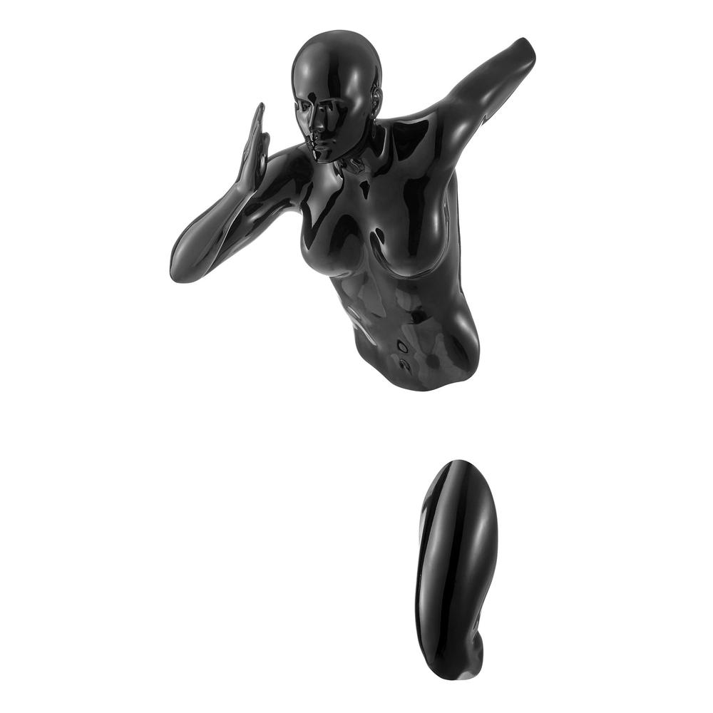 Woman Runner Wall Sculpture Glossy Black Resin Handmade. Picture 1
