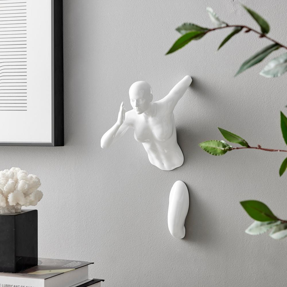 Woman Runner Wall Sculpture Glossy White Resin Handmade. Picture 4