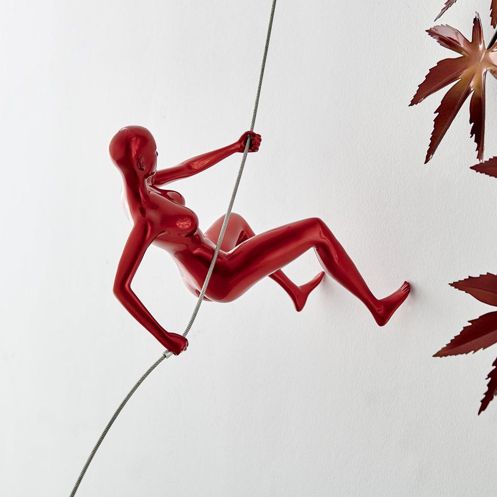 Climbing Woman Wall Sculpture Metallic Red Resin Handmade. Picture 3