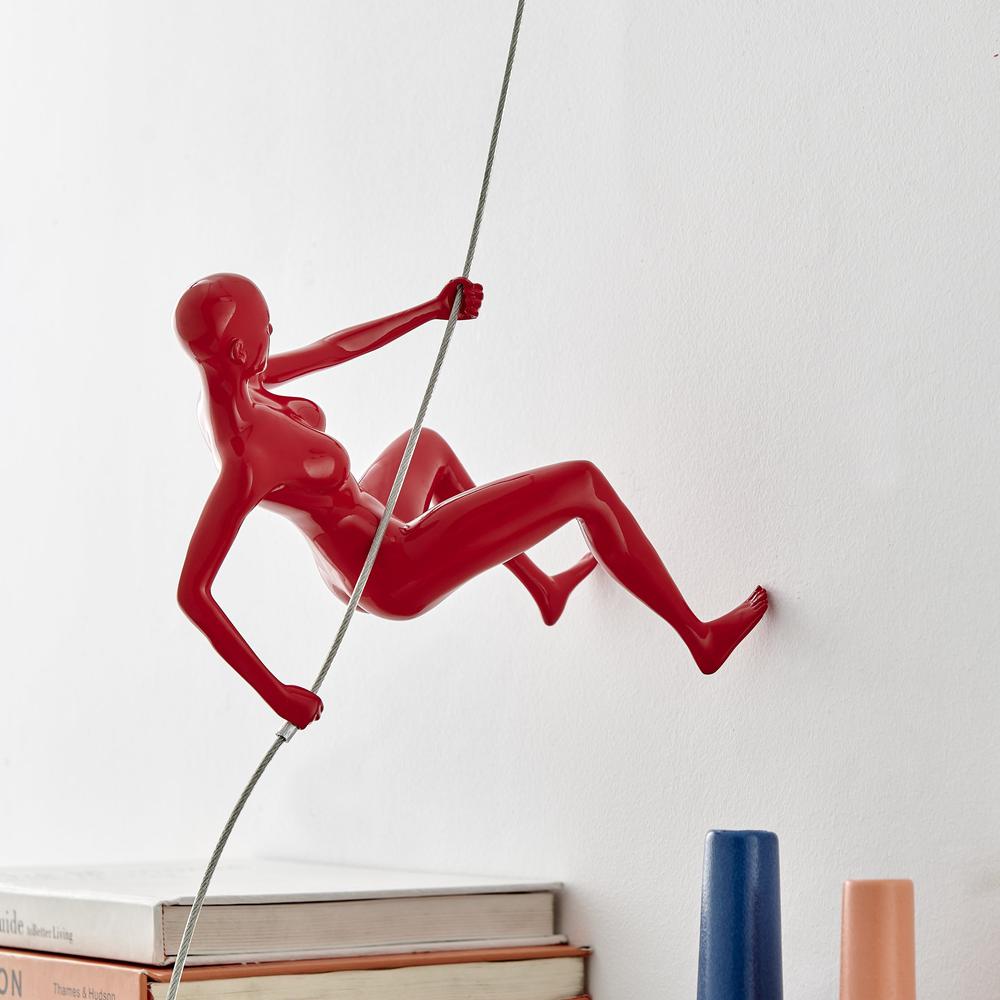 Climbing Woman Wall Sculpture Glossy Red Resin Handmade. Picture 4