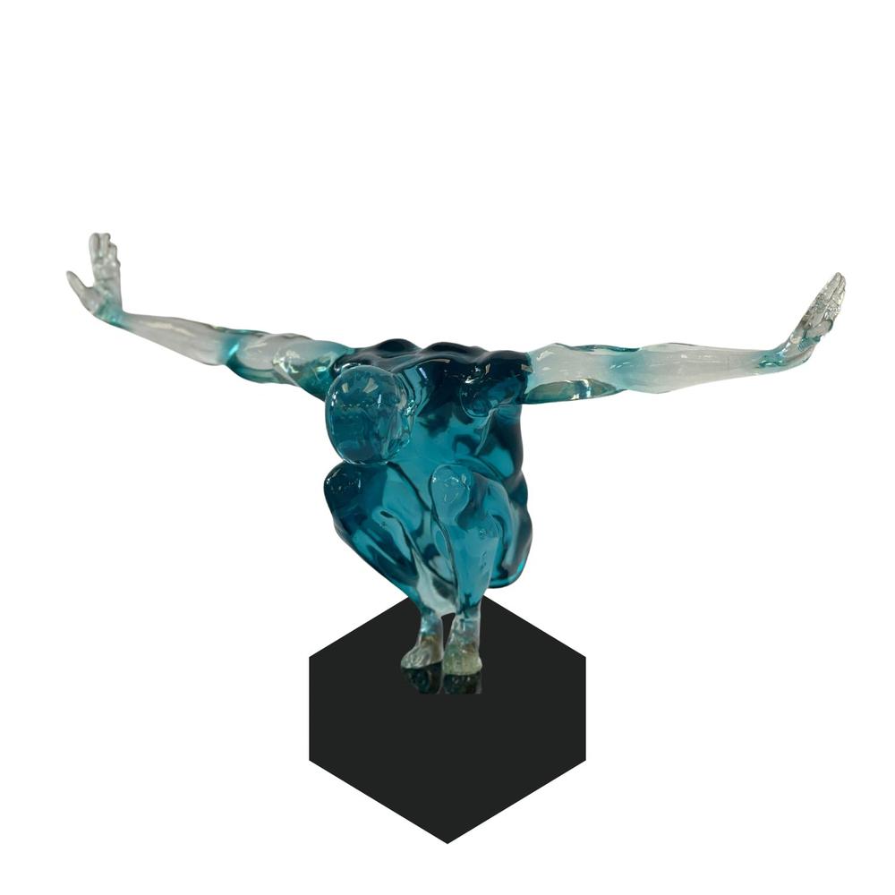 Saluting Man Sculpture Clear Blue Resin Handmade 10.5" Tall. Picture 1