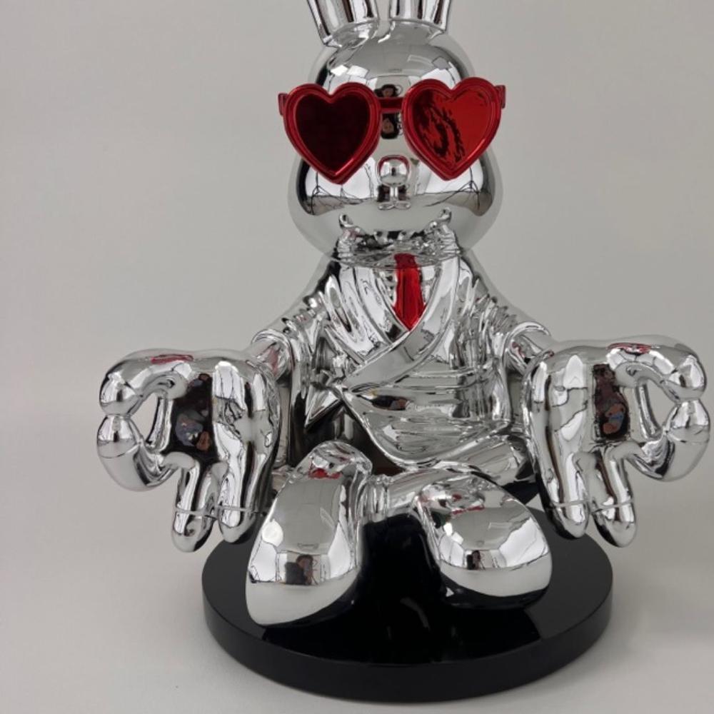 Sitting Rabbit with Tie and Glasses Sculpture Chrome and Red Resin Handmade. Picture 2