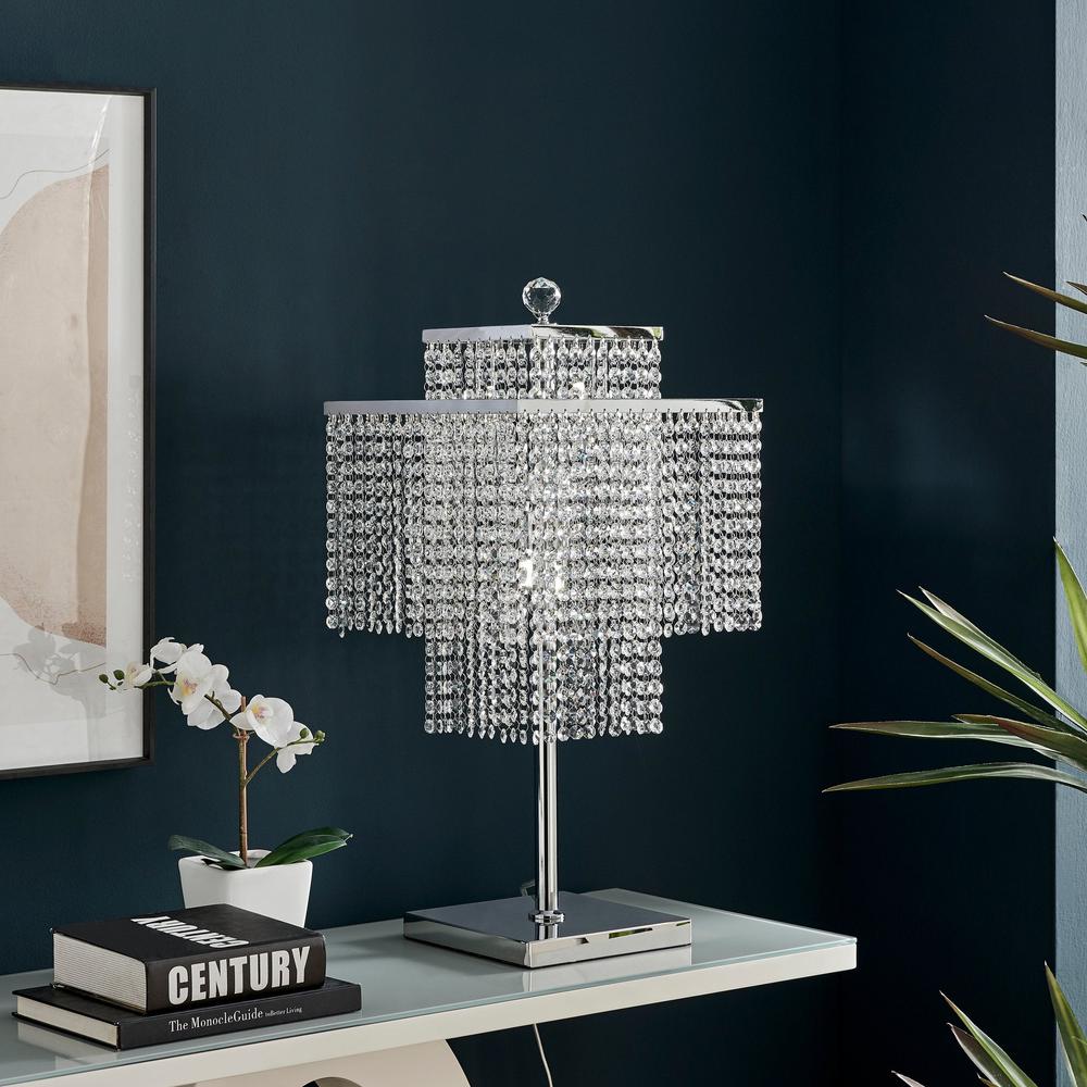 Finesse Decor Square Table Lamp Chrome Metal and Crystal LED Light. Picture 6
