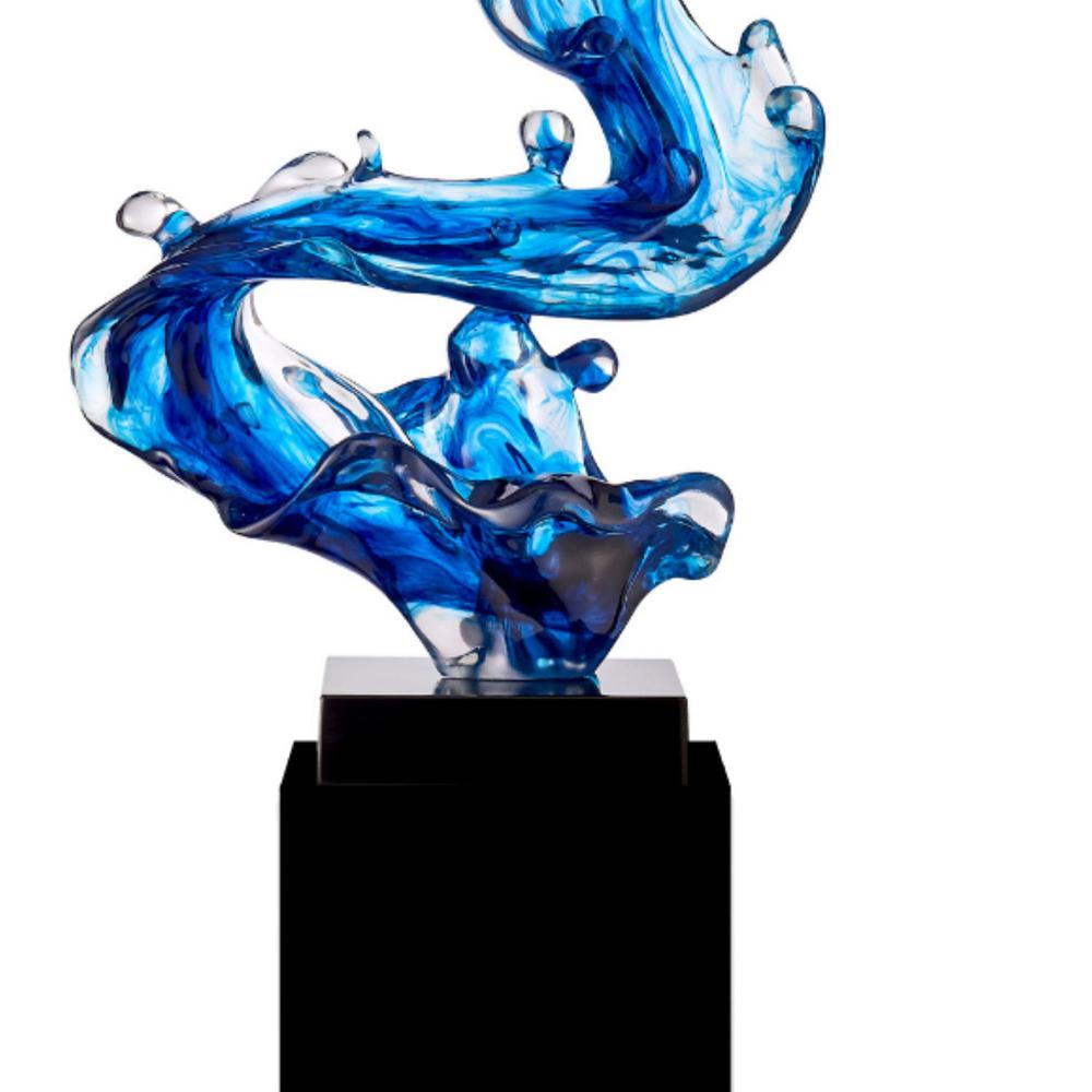 Wave Floor Sculpture Ocean Blue with Black Stand Resin Handmade 43" Tall. Picture 3