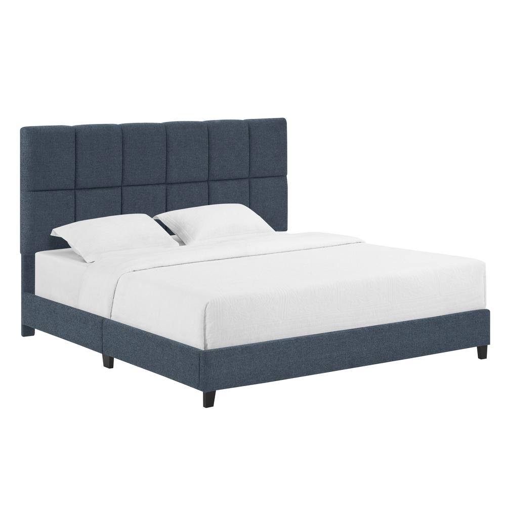 King Size Tall Blue Denim Square Headboard Upholstered Platform Bed. Picture 1